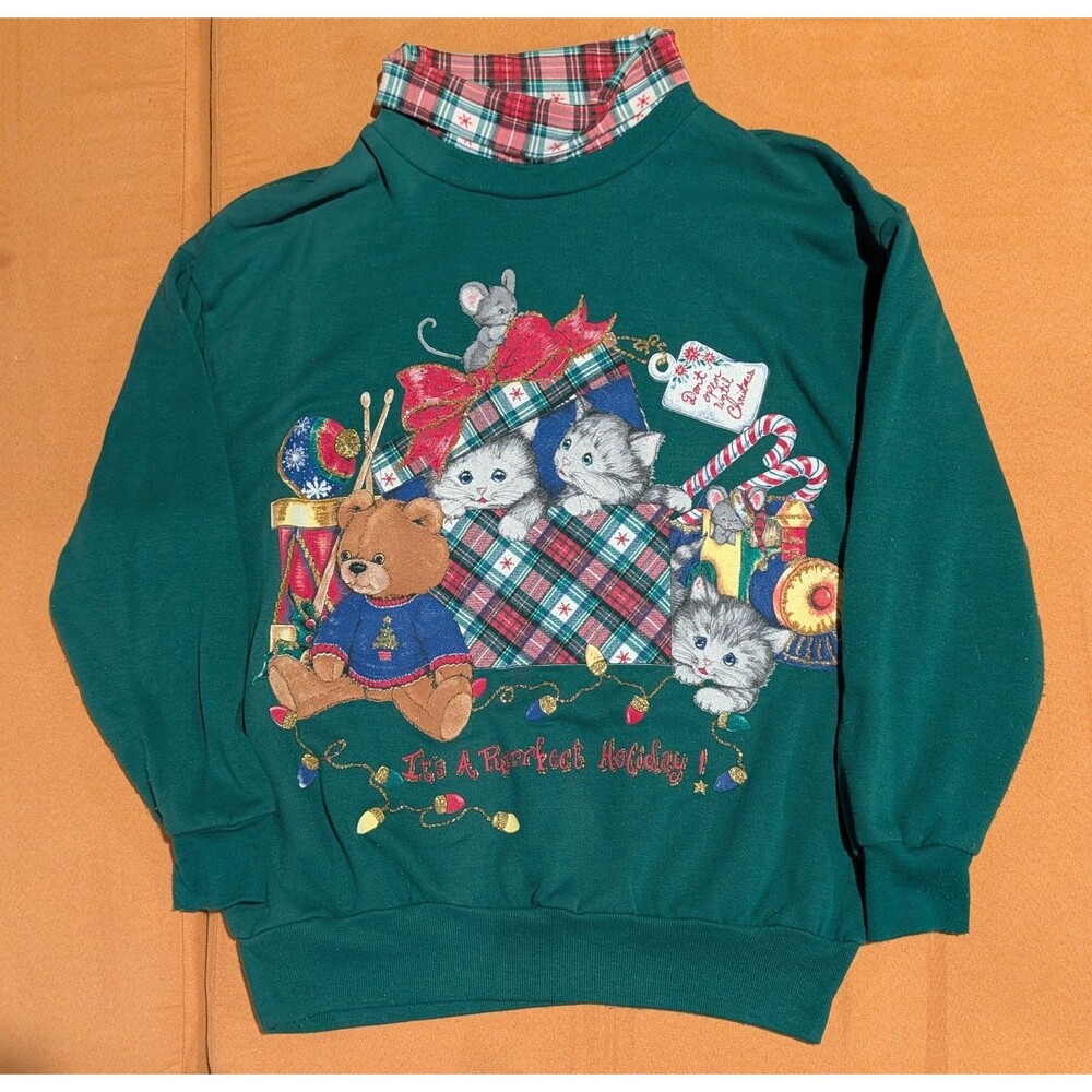 Green Christmas Cats Vintage Sweater Women's Size Medium
